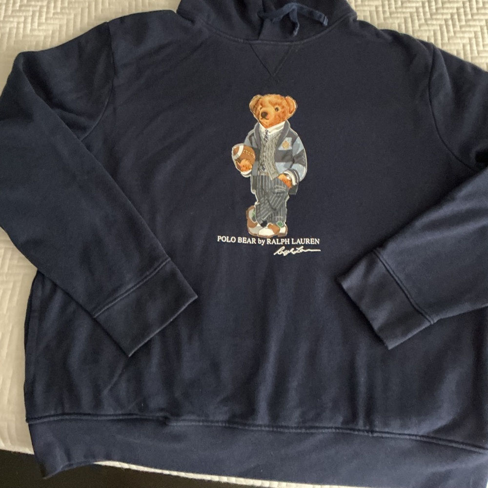 POLO RALPH LAUREN navy blue hoodie with iconic Polo Bear holding a football xl - Picture 2 of 5